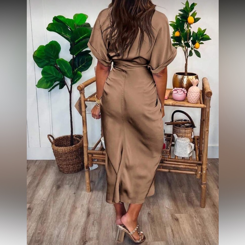 Elegant Brown Tie-Front Satin Dress - Picture 2 of 4